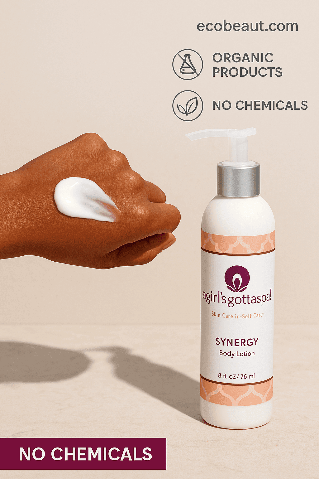 Synergy Body Lotion by A Girl’s Gotta Spa! with creamy texture shown on dark-skinned hand – chemical-free, organic body care, ecobeaut.com