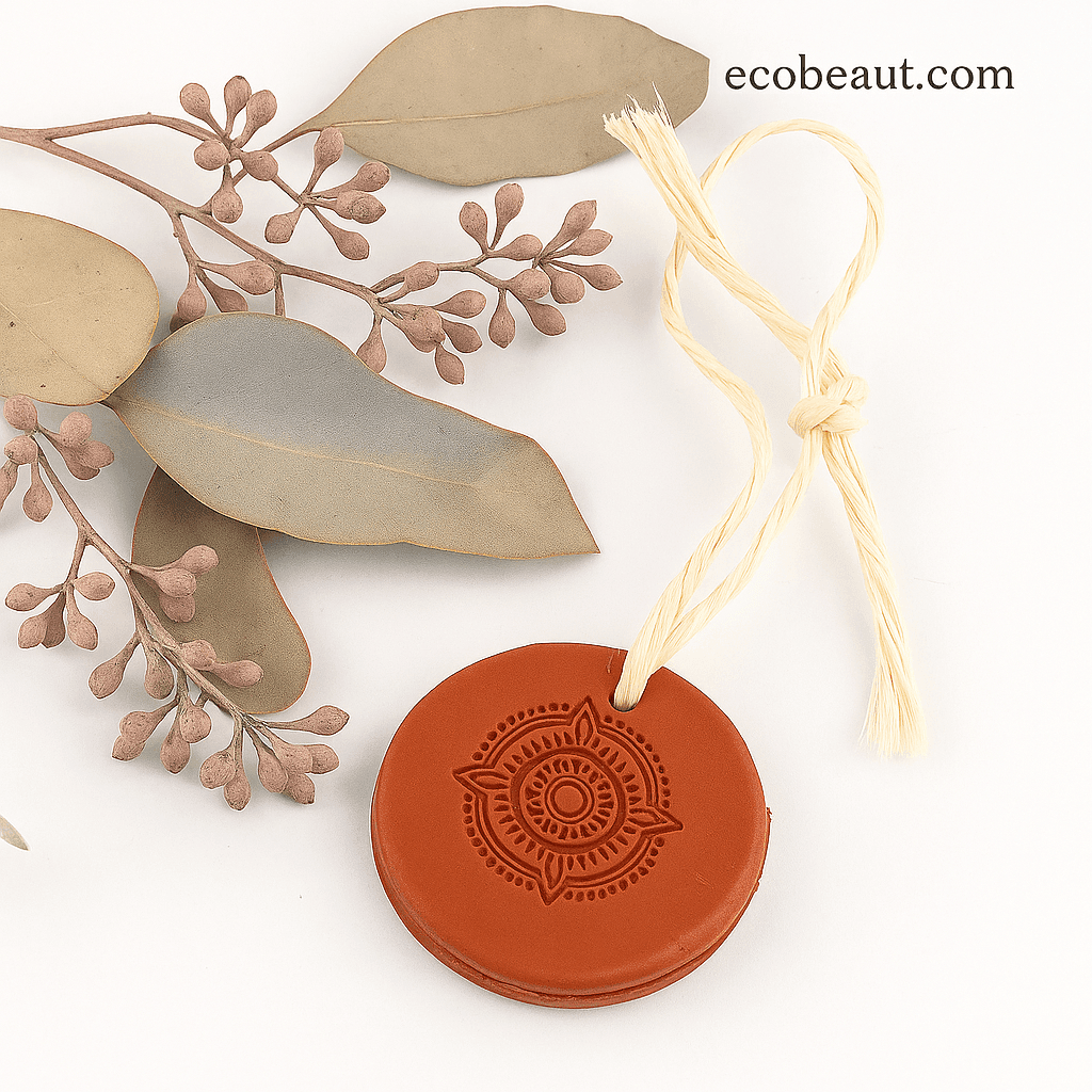 Terracotta essential oil diffuser with mandala pattern and dried eucalyptus on ceramic plate – ecobeaut.com natural air freshener