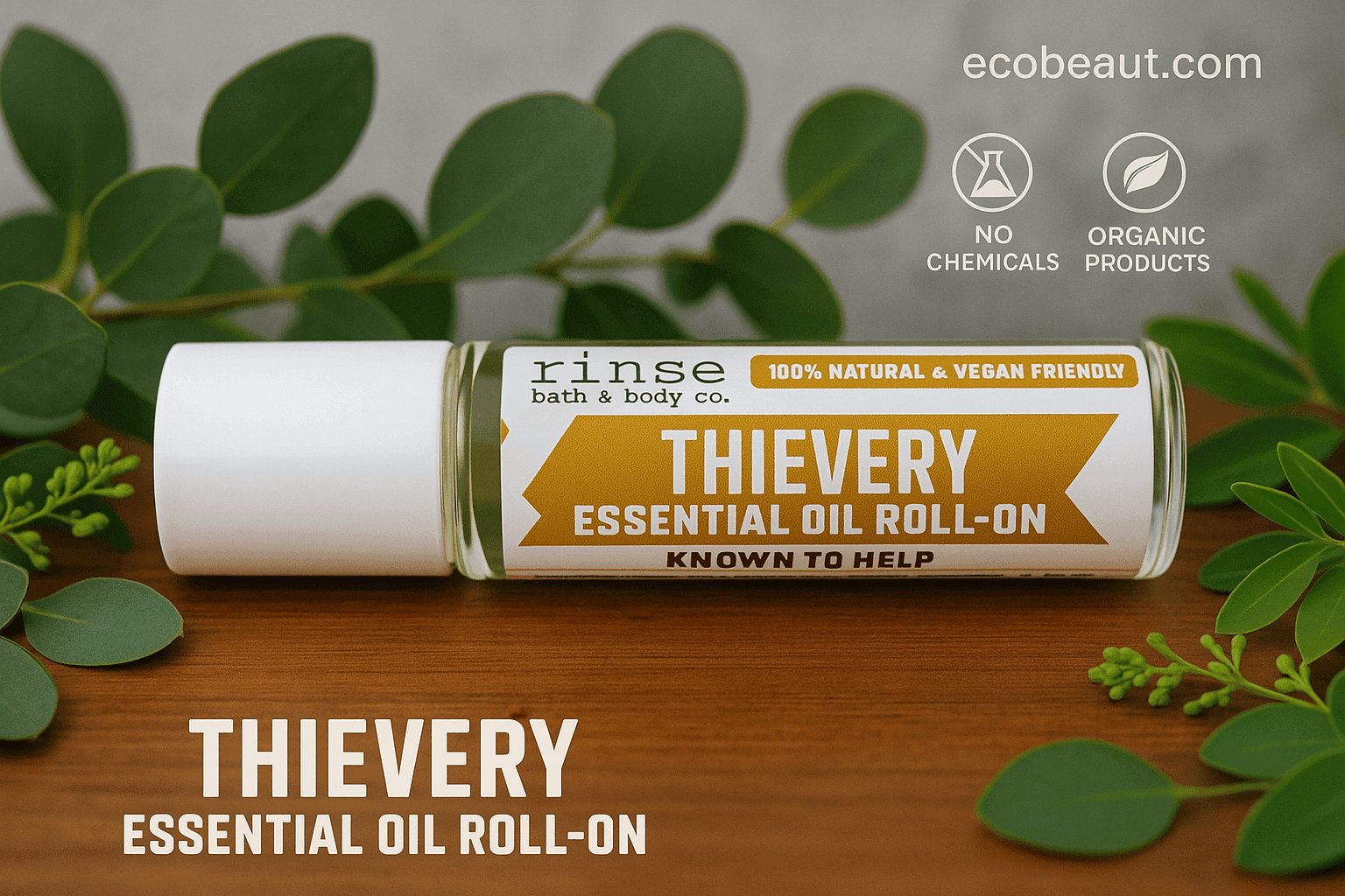 Thievery Essential Oil Roll-On bottle placed on a wooden surface, surrounded by green leaves, with eco-friendly icons and “ecobeaut.com” in the upper right corner.