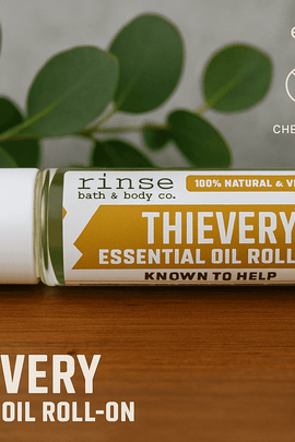 Thievery Essential Oil Roll-On bottle placed on a wooden surface, surrounded by green leaves, with eco-friendly icons and “ecobeaut.com” in the upper right corner.