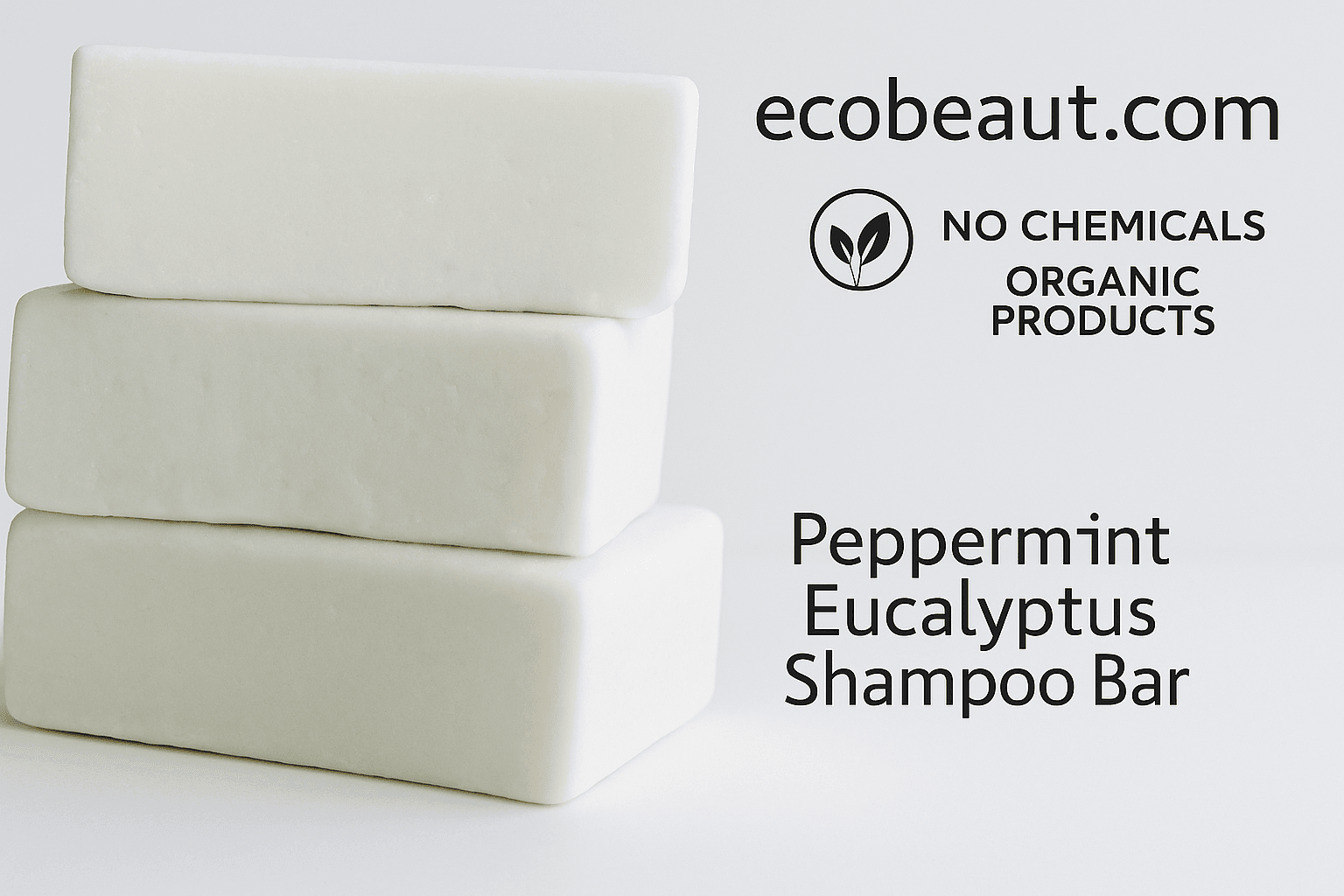 Three Peppermint Eucalyptus Shampoo Bars stacked neatly on a white background with ecobeaut.com, No Chemicals, Organic Products labels in the top right corner.