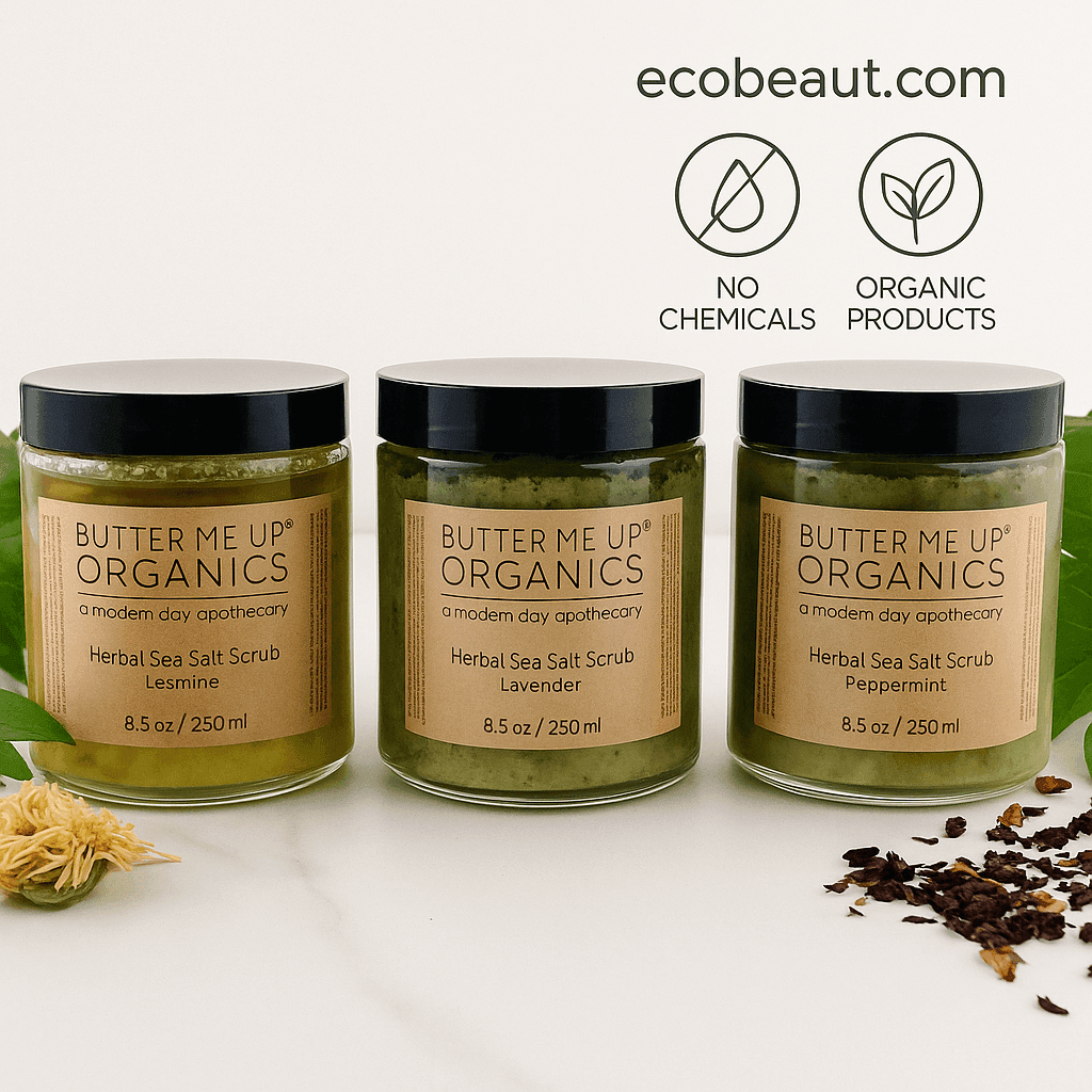 "Three jars of herbal sea salt scrubs with eco labels and ecobeaut.com branding above, set against a white background with natural botanicals."