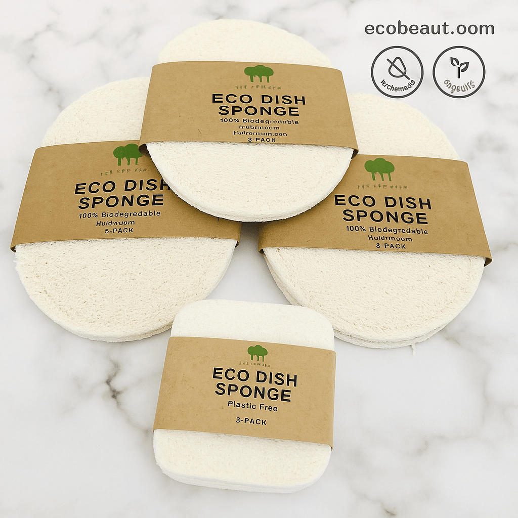 Three oval Eco Dish Sponges made from plant loofah – biodegradable, zero waste, organic kitchen sponges on marble