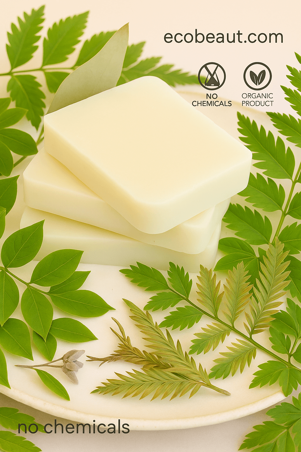 Three stacked handmade soap bars on a ceramic plate surrounded by lush green leaves, with ecobeaut.com and “NO CHEMICALS” / “ORGANIC PRODUCT” icons in the upper right corner, promoting natural skincare.