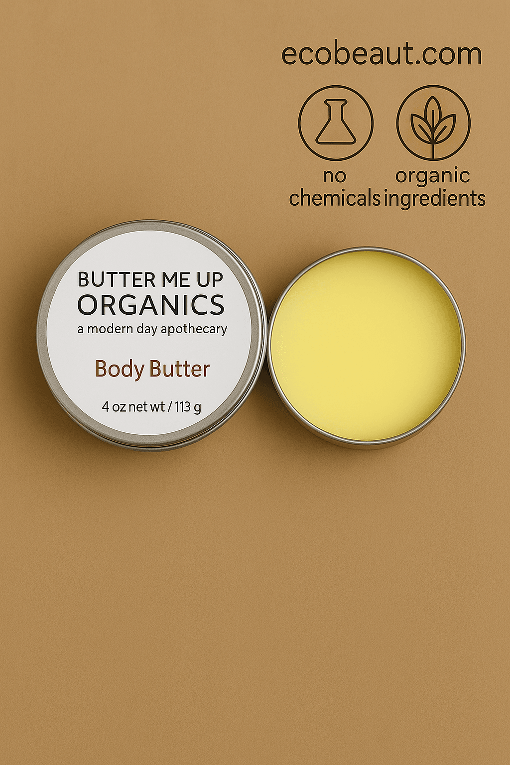 Tin of Butter Me Up Organics Body Butter opened on warm brown surface, clean label with ecobeaut.com, no chemicals and organic ingredients icons