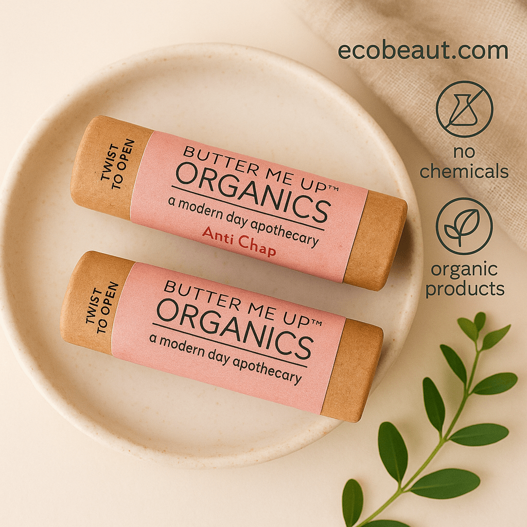 Two Butter Me Up™ Organics lip balm tubes displayed on a ceramic dish with green leaves, soft natural lighting, and labels in the top right corner reading ecobeaut.com, no chemicals, and organic products, emphasizing an eco-friendly and organic lifestyle