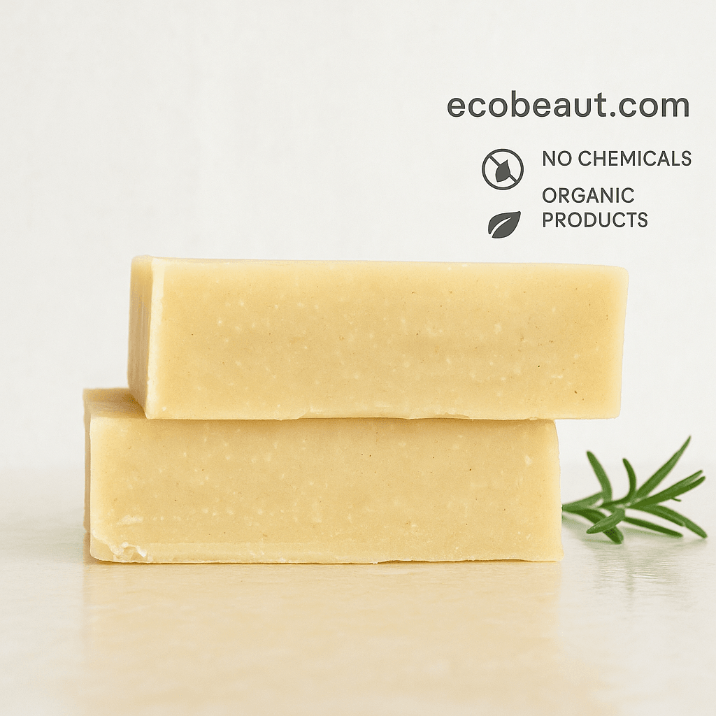 Two natural Citrus Mango Shampoo stacked on a light surface with ecobeaut.com, No Chemicals, Organic Products labels and a sprig of rosemary.