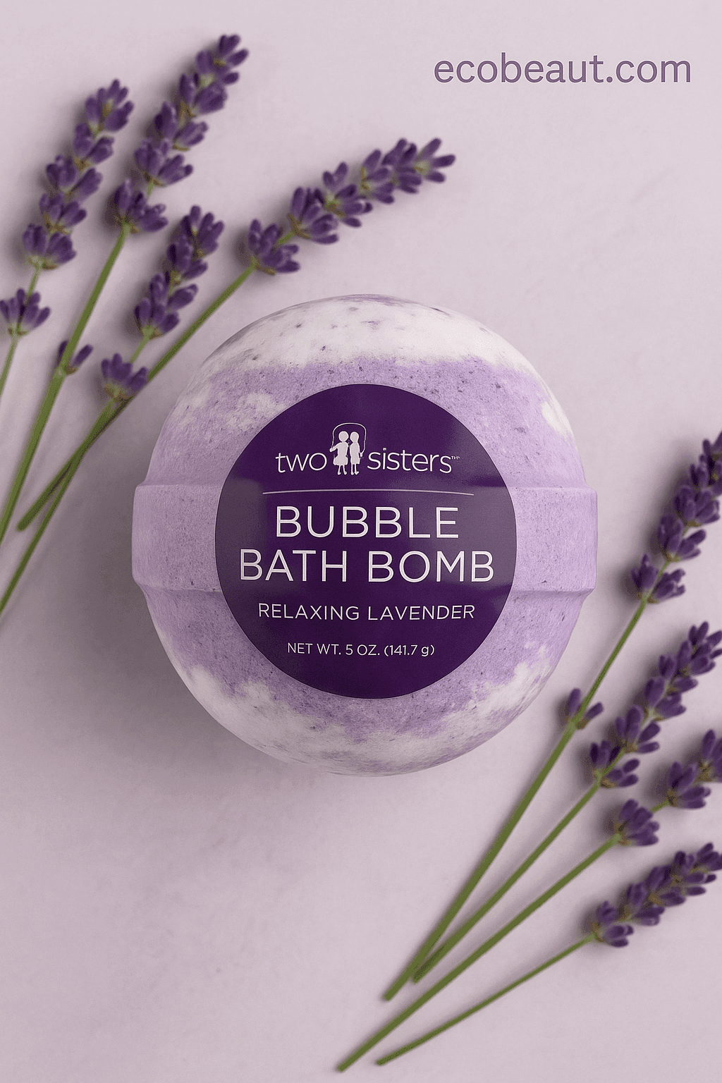 Two Sisters Relaxing Lavender Bubble Bath Bomb with purple label on a soft beige background – featured by ecobeaut.com