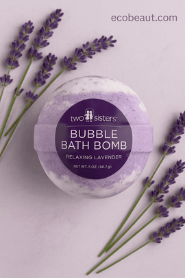 Two Sisters Relaxing Lavender Bubble Bath Bomb with purple label on a soft beige background – featured by ecobeaut.com