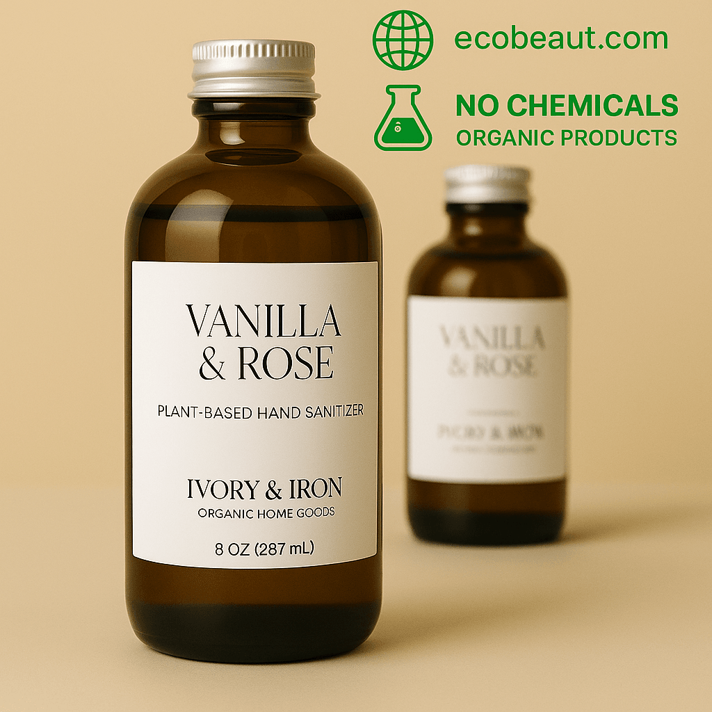 Two amber bottles of Vanilla & Rose plant-based hand sanitizer by Ivory & Iron on a clean beige background. Eco-friendly, organic, and chemical-free product from ecobeaut.com.