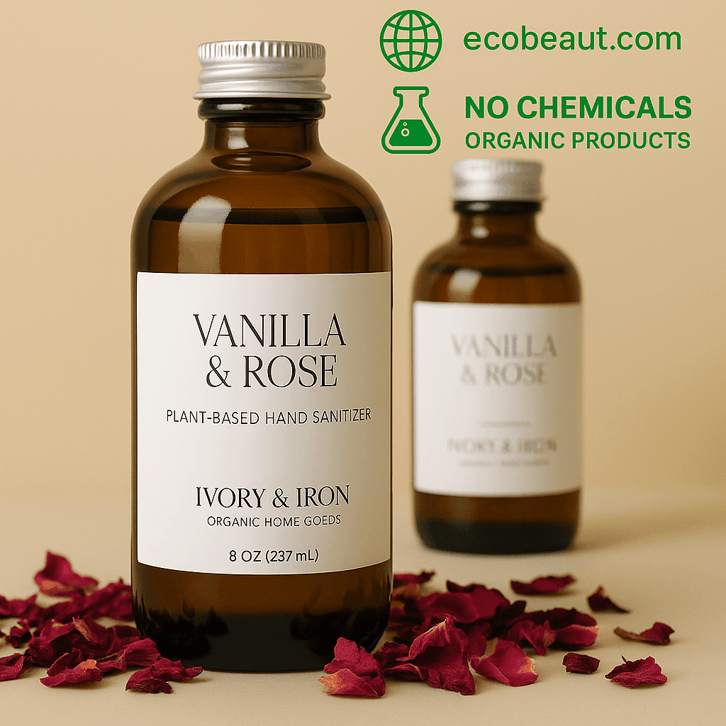 Two amber glass bottles of Vanilla & Rose plant-based hand sanitizer by Ivory & Iron on a beige background with rose petals. Organic, chemical-free formula labeled ecobeaut.com.