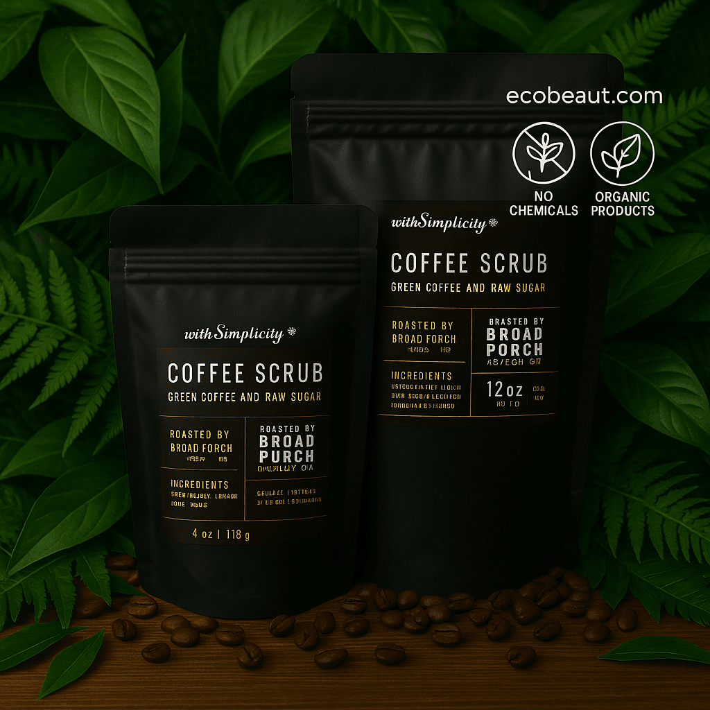 Two black coffee scrub pouches on a wooden surface, surrounded by coffee beans and dense green foliage, with “ecobeaut.com” and eco-friendly icons in the top right.



