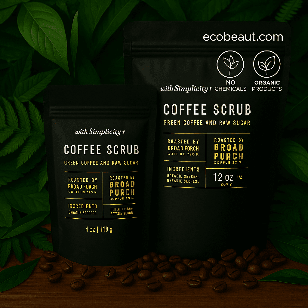 "Two coffee scrub pouches on wood with coffee beans, lush leaves, eco labels, and ecobeaut.com branding in the top right corner."