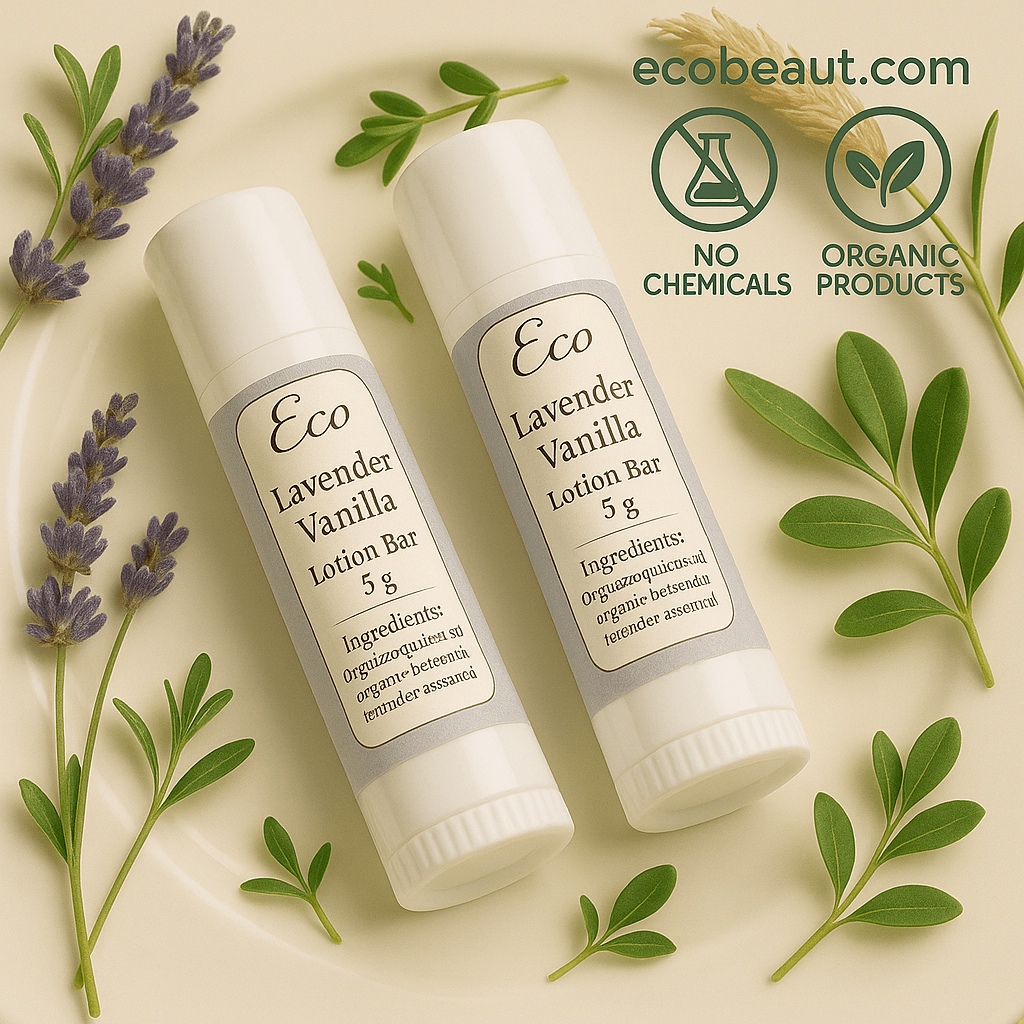 Two cylindrical tubes of Lavender Vanilla Lotion Bar by ecobeaut.com displayed on a ceramic plate, surrounded by fresh herbs and plants, with “NO CHEMICALS,” “ORGANIC PRODUCTS,” and ecobeaut.com label in the top right corner.








