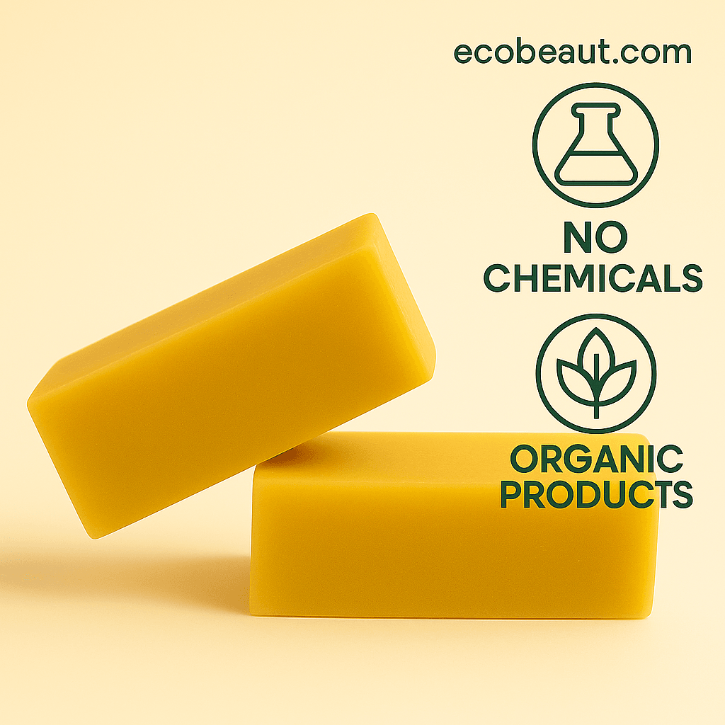 Two golden yellow organic shampoo bars stacked neatly on a beige background with eco-friendly labels 'no chemicals' and 'organic products', and ecobeaut.com written in the top right corner.