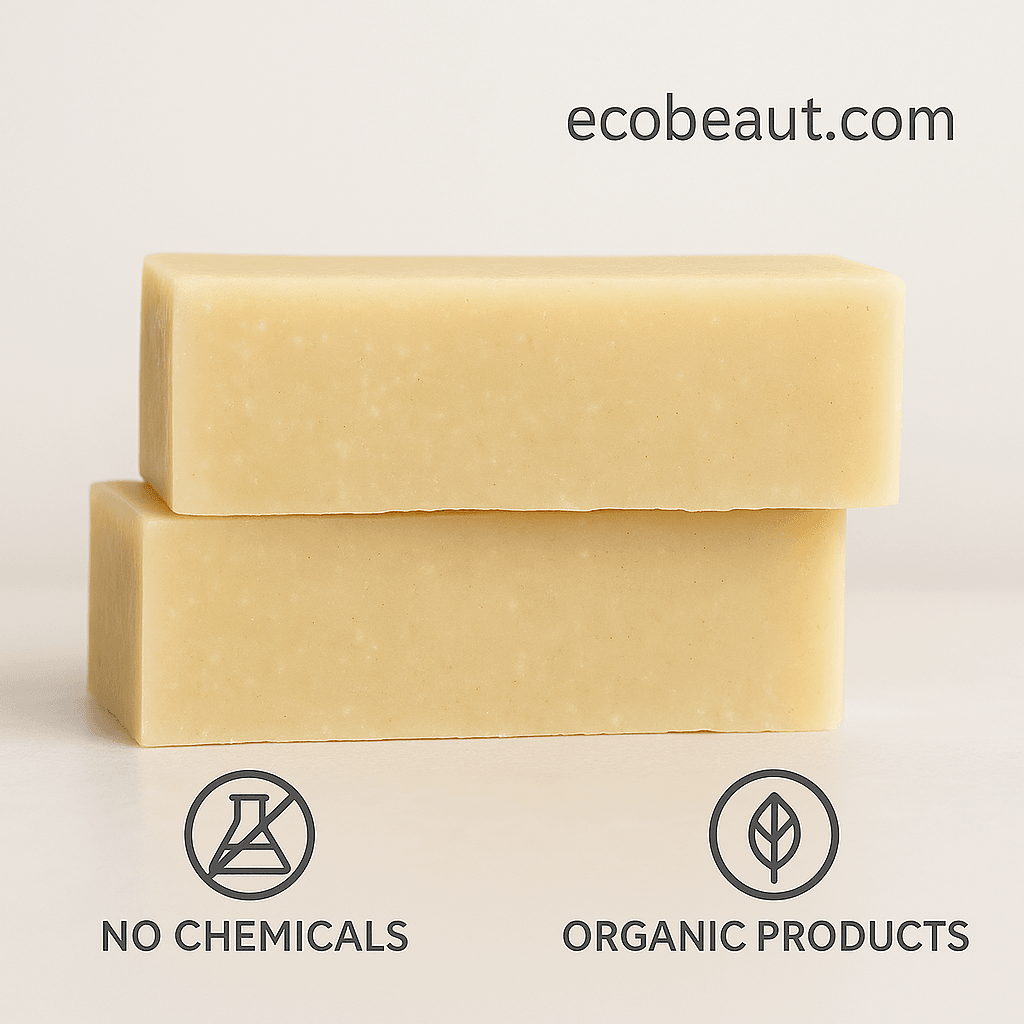 Two natural handmade Citrus Mango Shampoo stacked on a clean surface with ecobeaut.com, No Chemicals, Organic Products labels.





