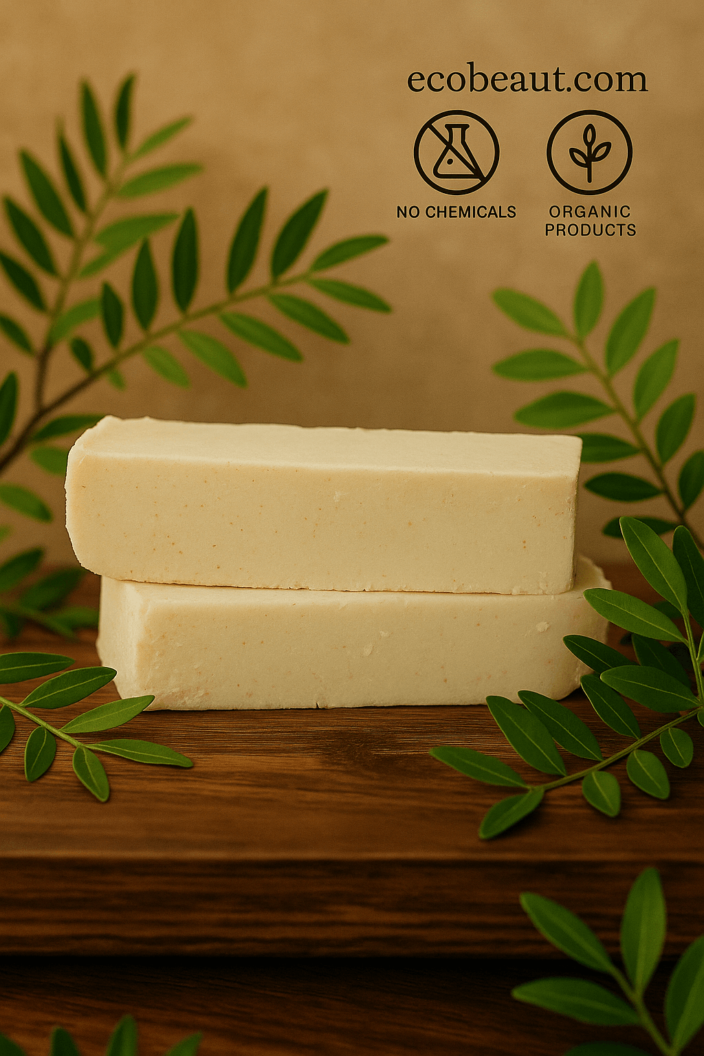 Two organic soap bars from ecobeaut.com placed on a wooden surface surrounded by green leaves, with “NO CHEMICALS” and “ORGANIC PRODUCTS” icons in the top right corner.





