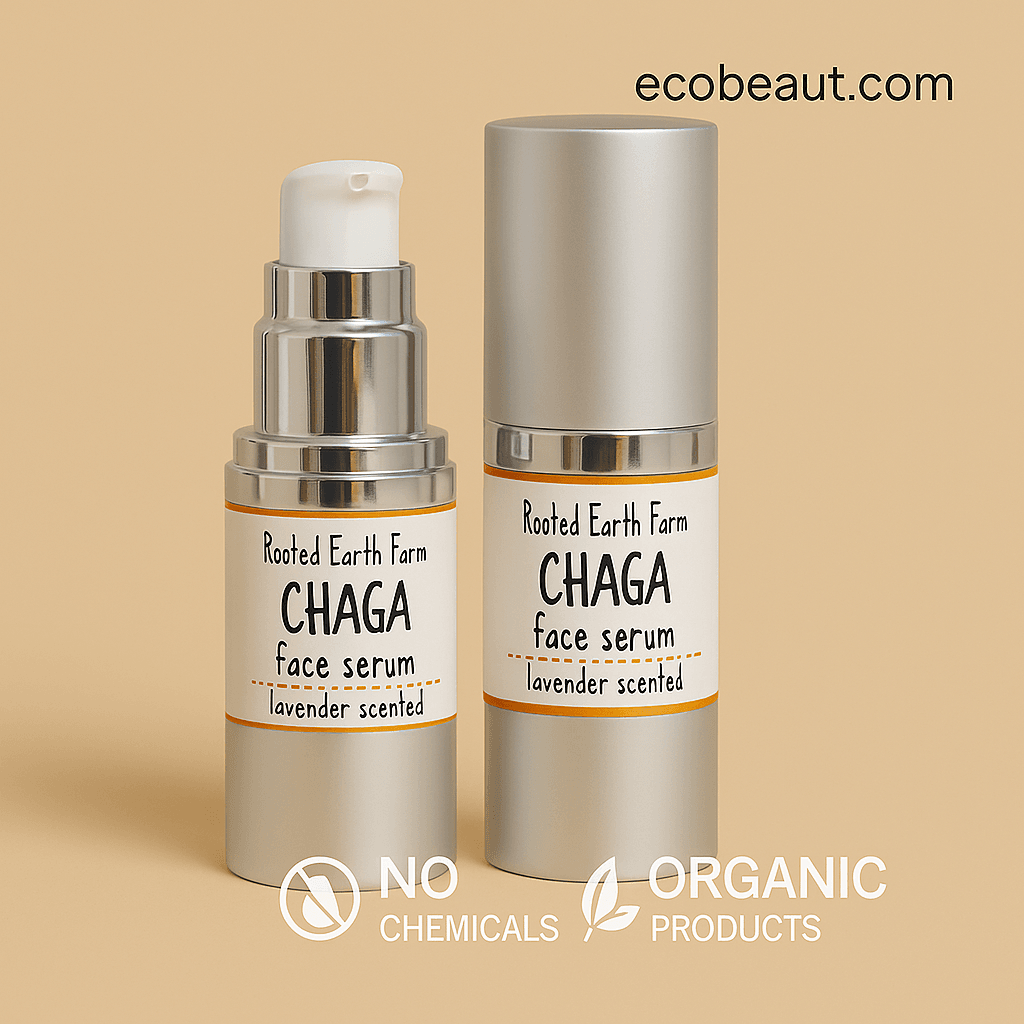 Two silver bottles of CHAGA face serum by Rooted Earth Farm placed on a beige background, one with a pump and the other capped, surrounded by green foliage, with ecobeaut.com in the top right corner and icons for NO CHEMICALS and ORGANIC PRODUCTS at the bottom
