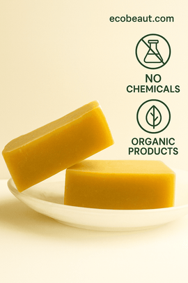 Two stacked Coconut Silk Conditioning Shampoo Bars on a clean white plate with minimalist background and eco-conscious labels – ecobeaut.com