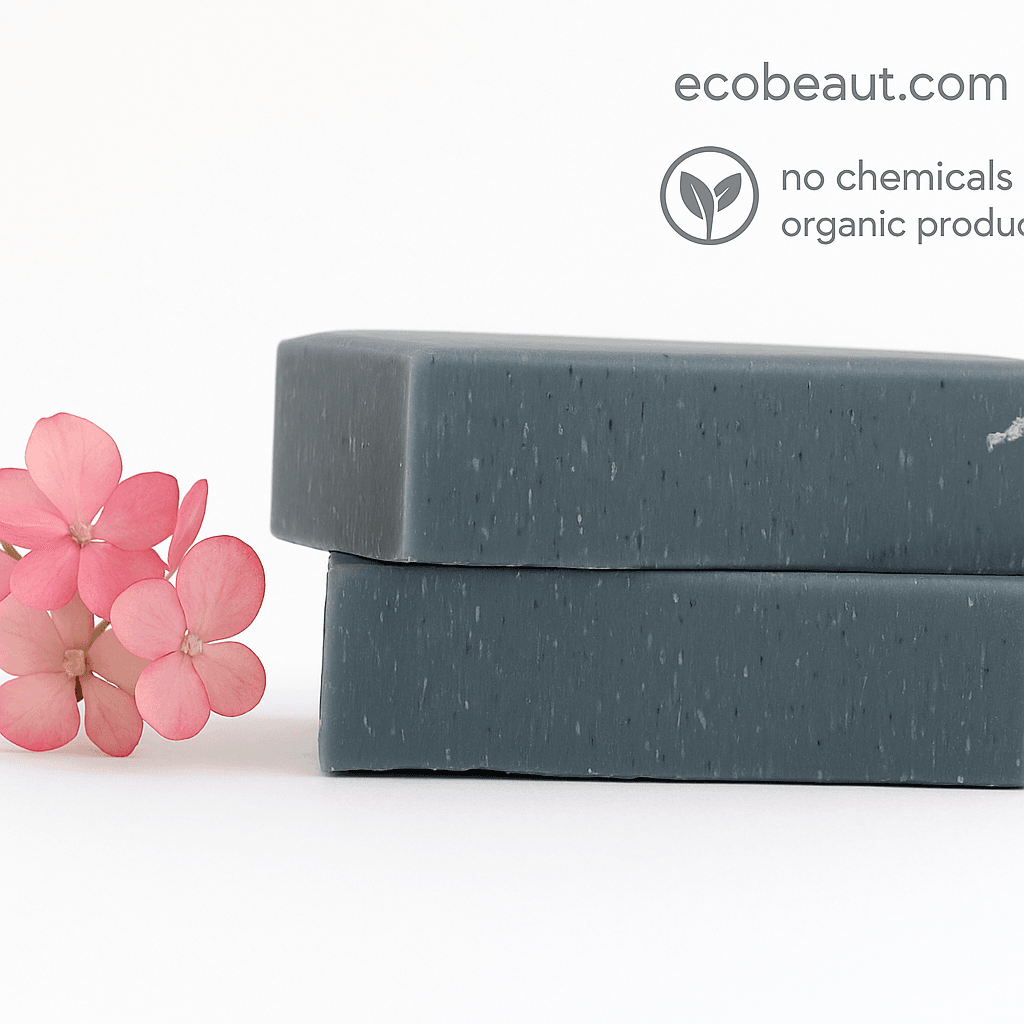 Two stacked charcoal soap bars with pink flowers – detoxifying handmade soap with no chemicals and organic ingredients, ecoBeaut.com
