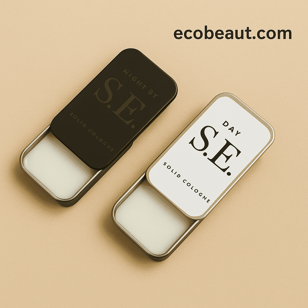  Two tins of S.E. Solid Cologne labeled DAY and NIGHT on a beige background with ecobeaut.com – minimalist organic fragrance for men.