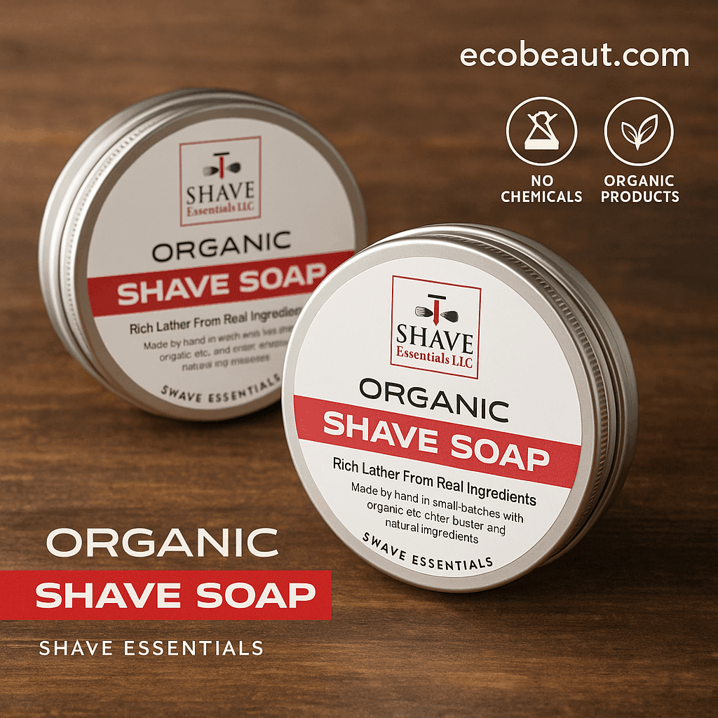 Two tins of Shave Essentials Organic Shave Soap displayed on a wooden surface with eco-friendly icons and ecobeaut.com branding, emphasizing natural ingredients and handcrafted quality.