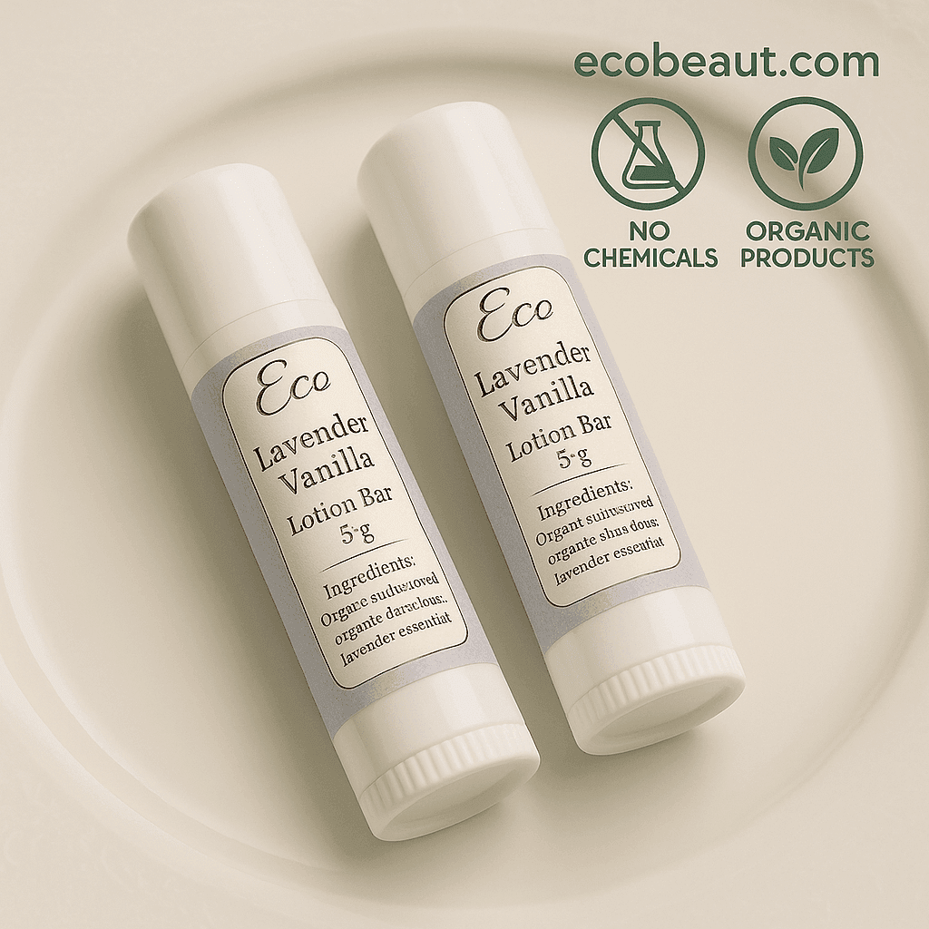 Two white tubes of Lavender Vanilla Lotion Bar by ecobeaut.com placed on an elegant plate, with "No Chemicals" and "Organic Products" icons and ecobeaut.com text in the upper right corner.