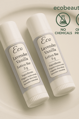 Two white tubes of Lavender Vanilla Lotion Bar by ecobeaut.com placed on an elegant plate, with "No Chemicals" and "Organic Products" icons and ecobeaut.com text in the upper right corner.