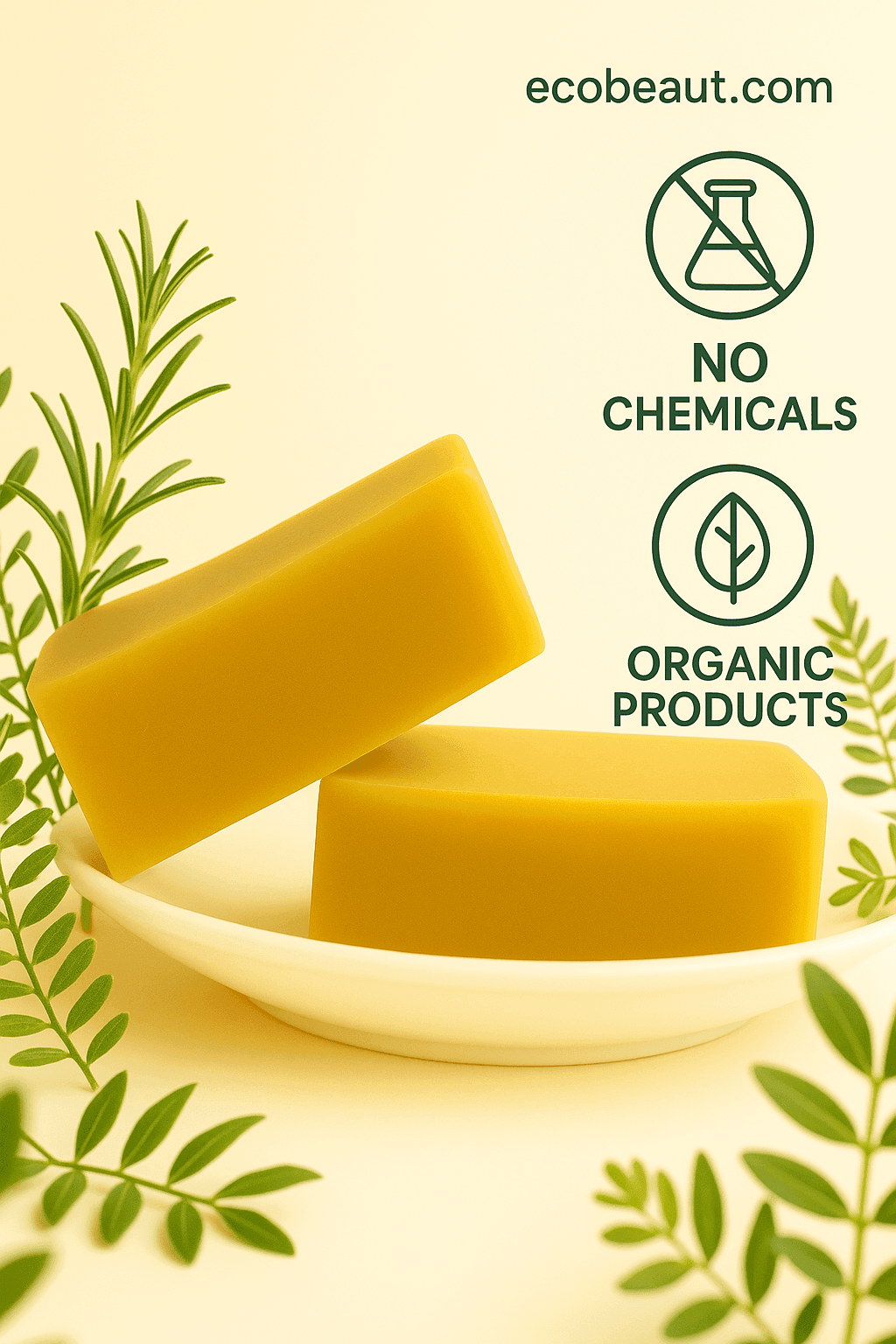 Two yellow Coconut Silk Conditioning Shampoo Bars on a white dish surrounded by green herbs, labeled 'no chemicals' and 'organic products' – ecobeaut.com