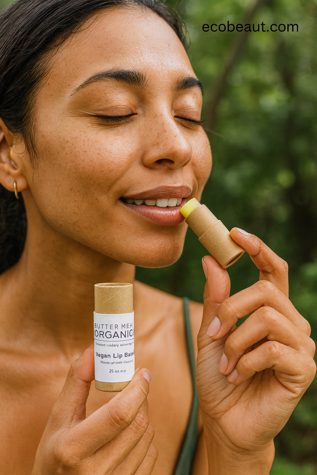 Woman applying a lip balm stick outdoors with 'ecobeaut.com' branding.