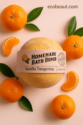 Vanilla Tangerine handmade bath bomb from ecobeaut.com surrounded by fresh tangerines on a soft pink background – relaxing citrus spa product