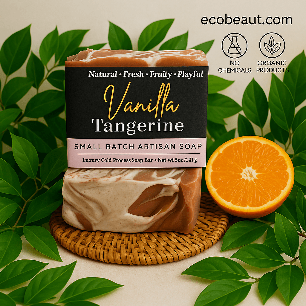Vanilla Tangerine soap bar by ecobeaut.com on a woven mat surrounded by abundant green leaves and a halved orange, with “NO CHEMICALS” and “ORGANIC PRODUCTS” icons in the upper right corner.