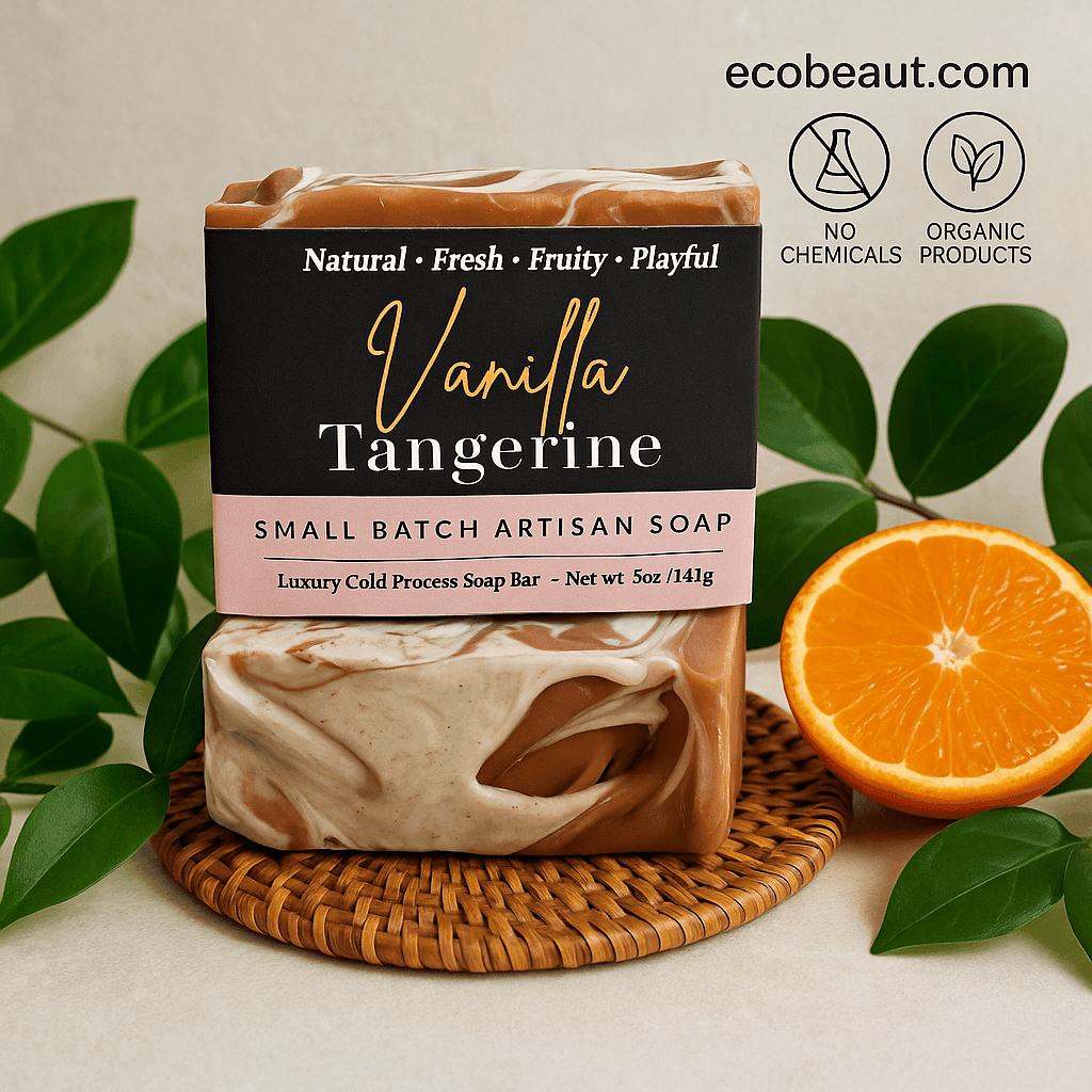 Vanilla Tangerine soap bar by ecobeaut.com placed on a rattan mat with fresh green leaves and an orange slice, featuring “NO CHEMICALS” and “ORGANIC PRODUCTS” icons in the upper right corner.




