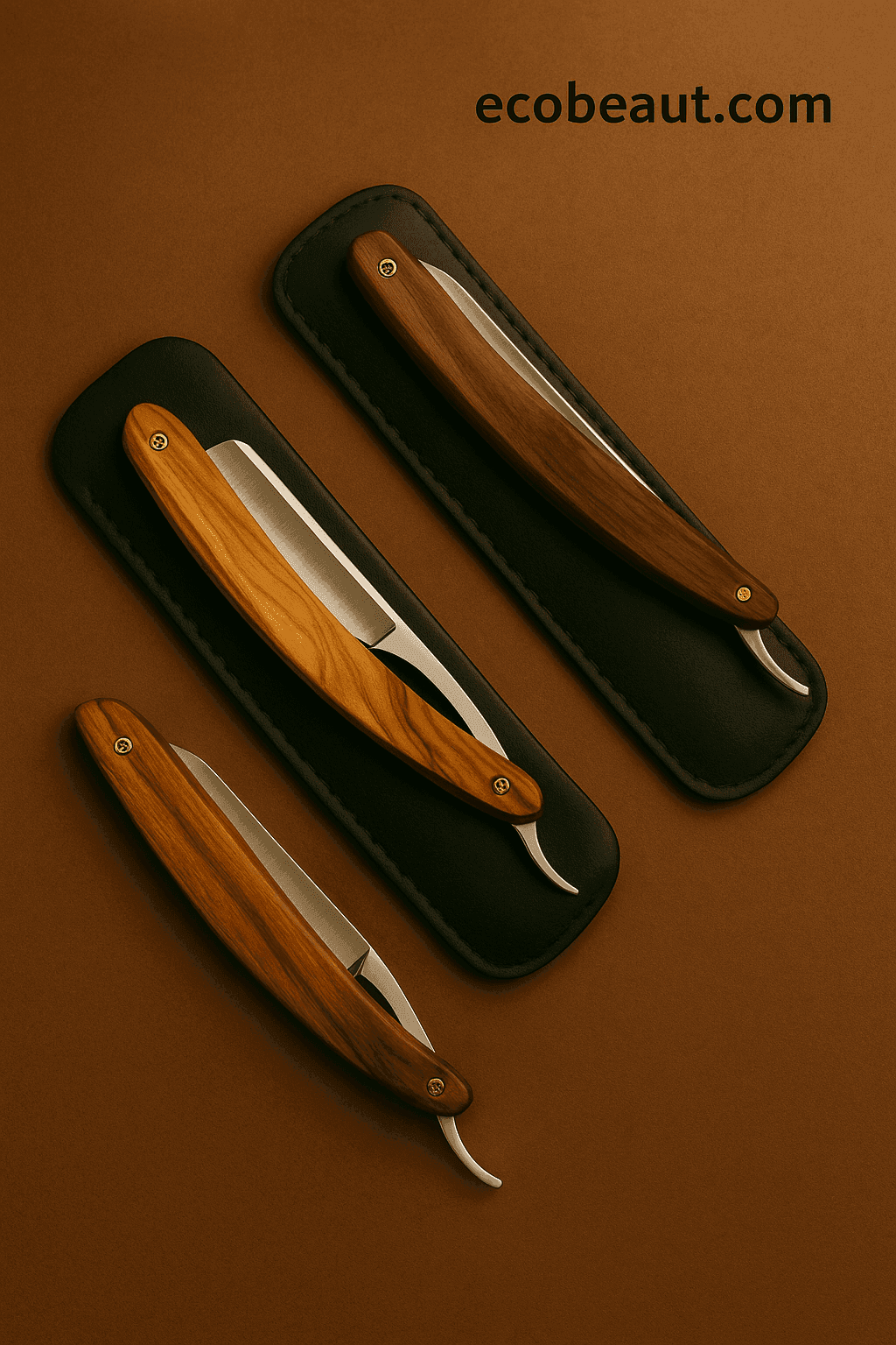 Vintage straight razors with wooden handles on leather sleeves – ecobeaut.com