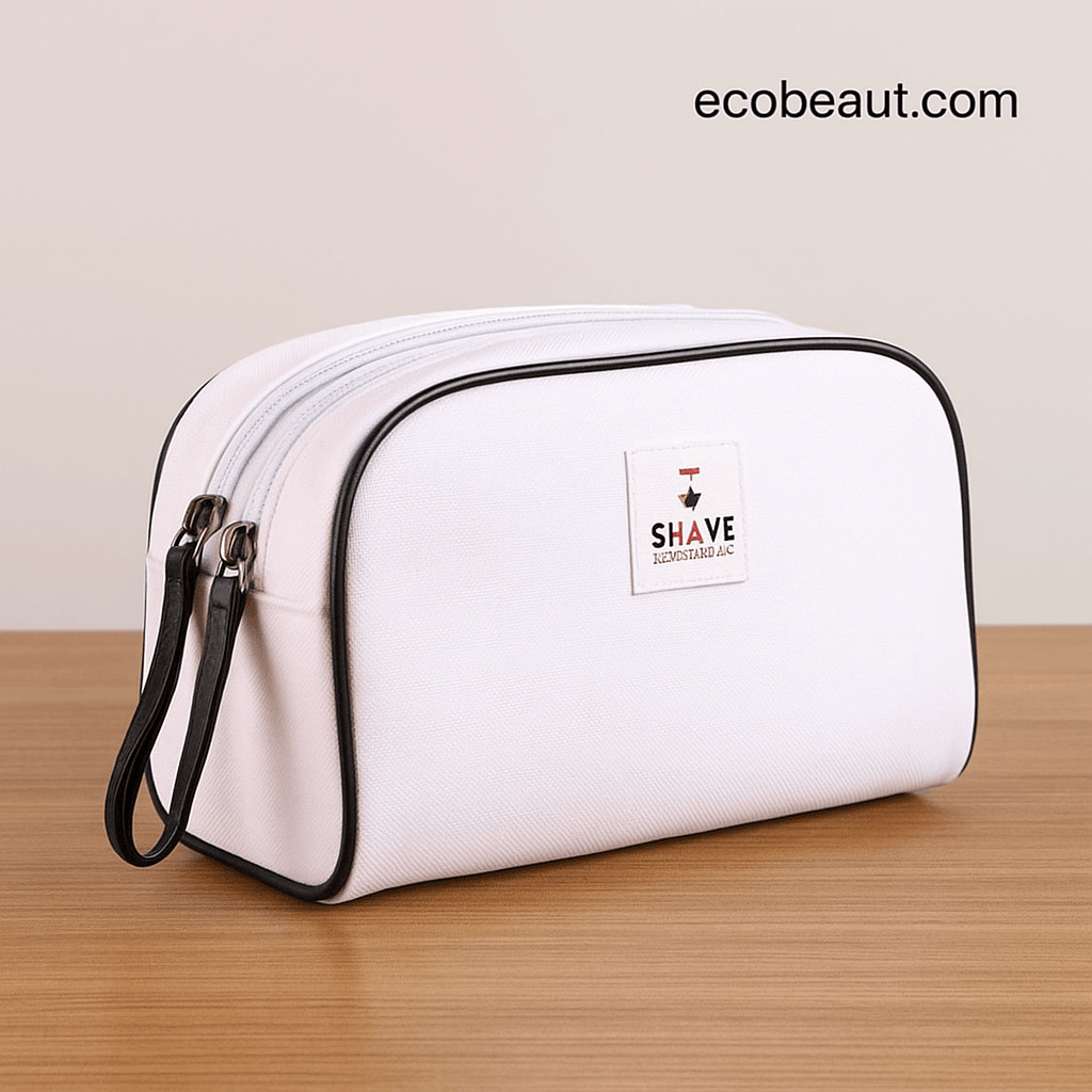 White Shave Essentials toiletry bag with black trim and dual zippers displayed on a wooden surface, featuring ecobeaut.com text in the upper right corner to highlight brand identity.