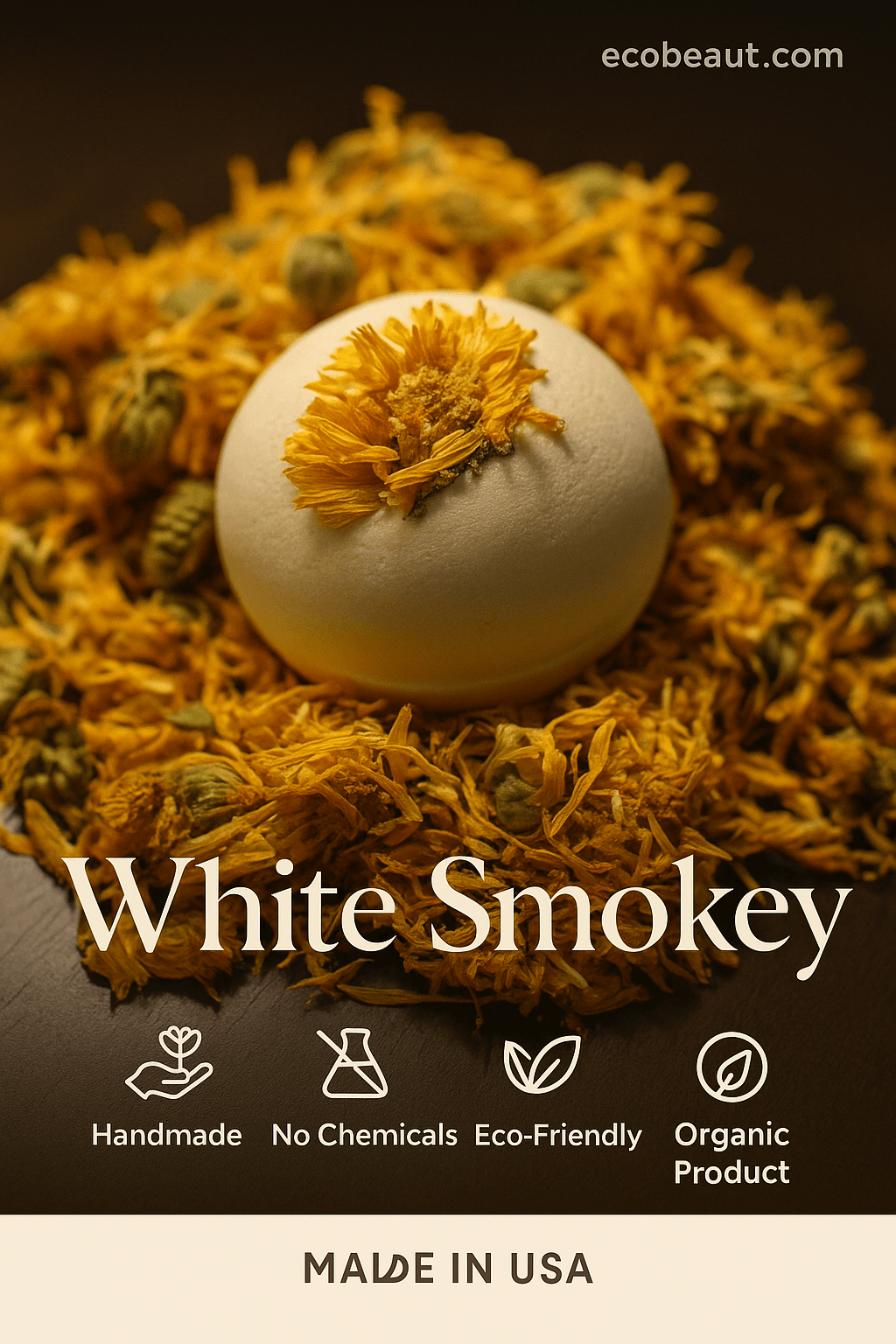 White Smokey organic bath bomb styled with dried calendula flowers – eco-friendly, handmade, natural skincare product from ecobeaut.com
