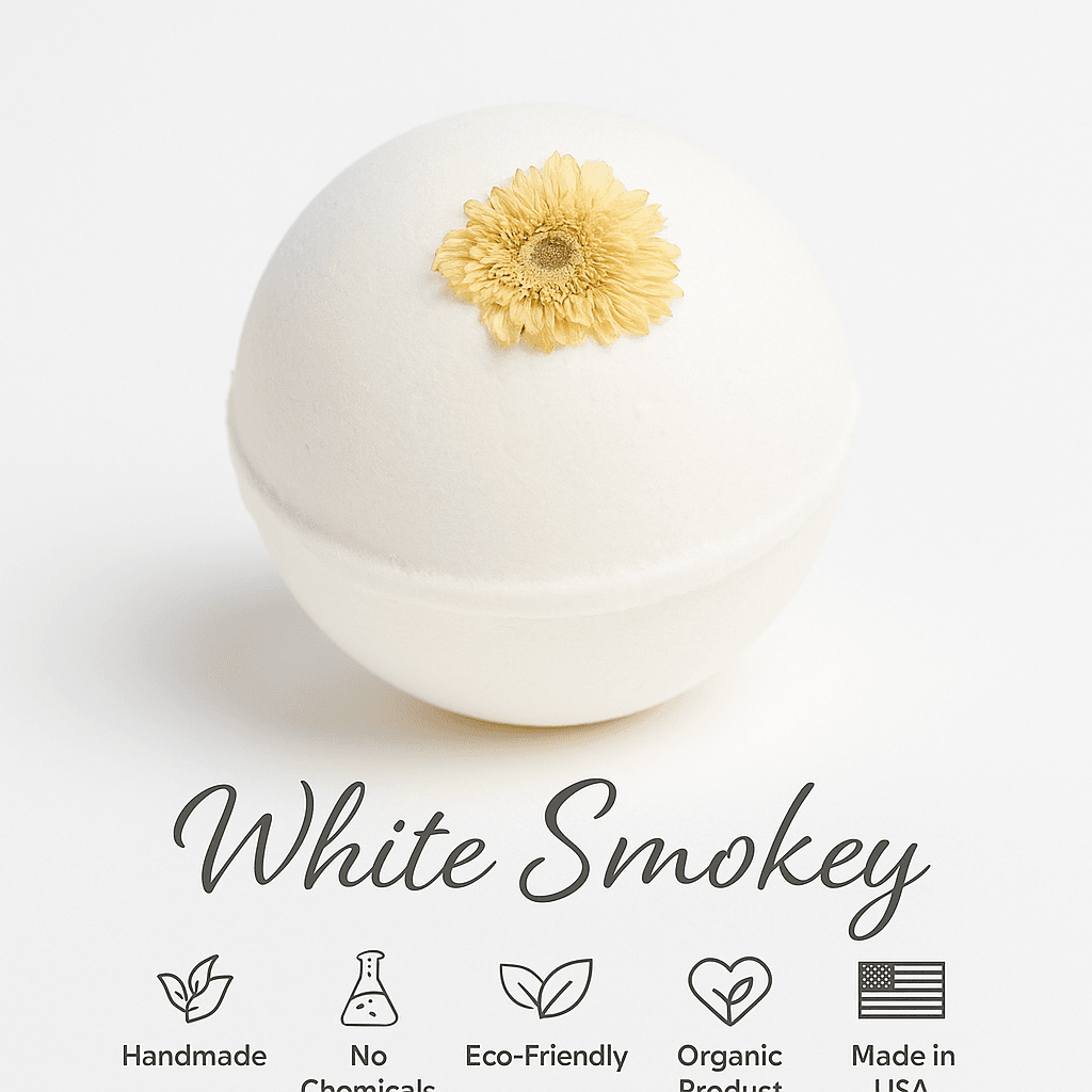 White Smokey organic product elegantly presented with natural elements – Handmade, Eco-Friendly, No Chemicals, Made in USA – ecobeaut.com