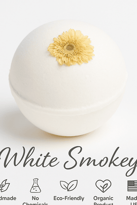 White Smokey organic product elegantly presented with natural elements – Handmade, Eco-Friendly, No Chemicals, Made in USA – ecobeaut.com
