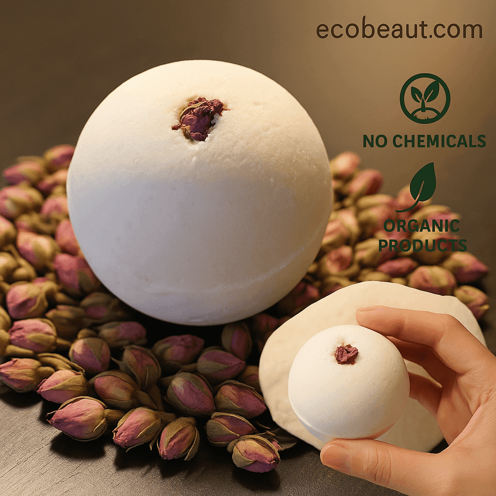 White goat's milk and honey bath bomb with dried rosebud on top, styled on a bed of pink rosebuds – organic product with no chemicals, ecobeaut.com