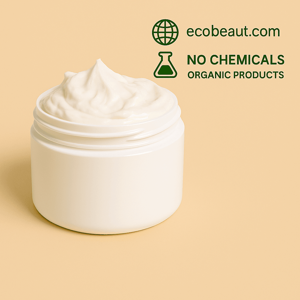 White jar filled with creamy skincare product on a beige background. Eco-friendly and organic product labeled 'no chemicals' from ecobeaut.com.