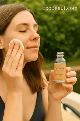 Woman applying Butter Me Up Organics Brightening Toner outdoors with cotton pad, eco-friendly natural skincare product, EcoBeaut.com branding in corner