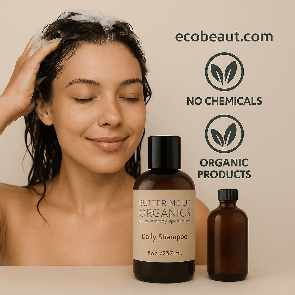 Woman applying Butter Me Up Organics Daily Shampoo with ecobeaut.com, No Chemicals, Organic Products labels in the top right corner.