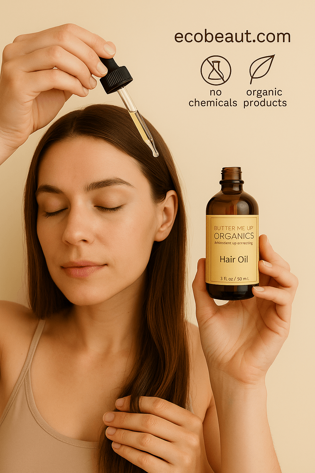 Woman applying Butter Me Up Organics Hair Oil to her scalp with a dropper, eco labels and ecobeaut.com visible above.