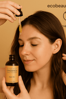 Woman applying Butter Me Up Organics Hair Oil with dropper, smiling softly, with ecobeaut.com and organic icons in the top right.





