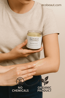 Woman applying Butter Me Up Organics Skin Save Salve to forearm – organic, chemical-free skin remedy for dryness and irritation – gentle and safe for all skin types, branded with ecobeaut.com