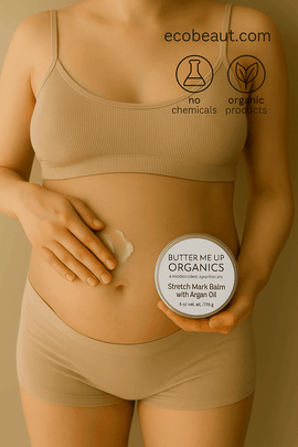 Woman applying Butter Me Up Organics Stretch Mark Balm with Argan Oil to her belly, natural skincare use, no chemicals, organic product, ecobeaut.com
