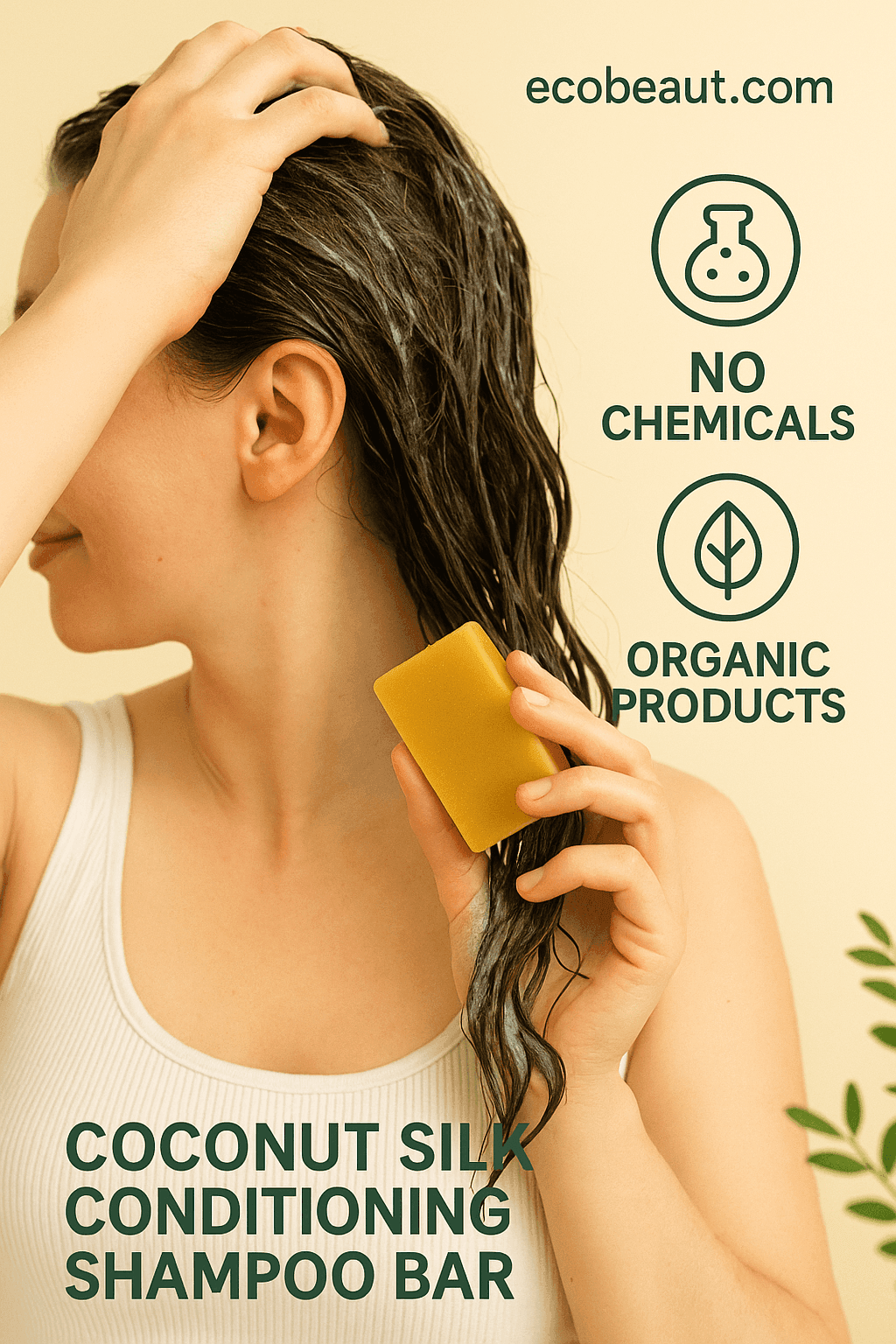 Woman applying Coconut Silk Conditioning Shampoo Bar to wet hair, showcasing natural lather and eco-friendly branding with 'no chemicals' and 'organic products' icons – ecobeaut.com