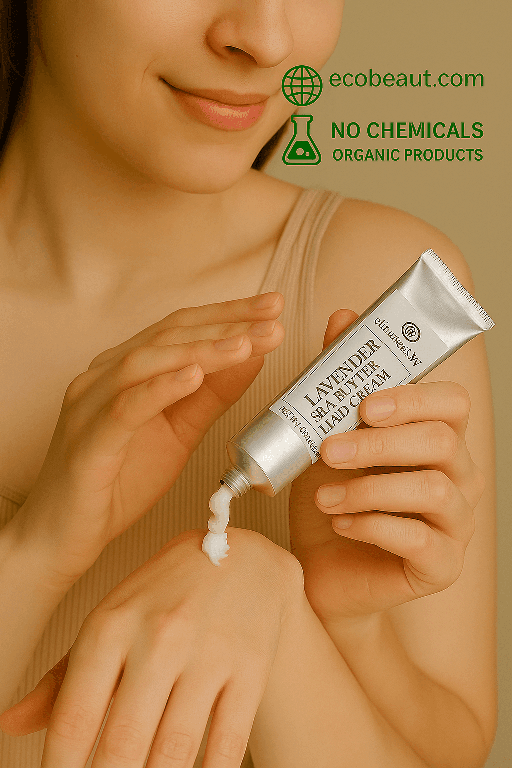 Woman applying ElizabethW Lavender Shea Butter Hand Cream to her hand from a silver tube. Natural and chemical-free skincare, labeled organic from ecobeaut.com.