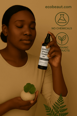 Woman applying Herbal Spray Toner by Shave Essentials — natural skincare, organic product, no chemicals, ecobeaut.com