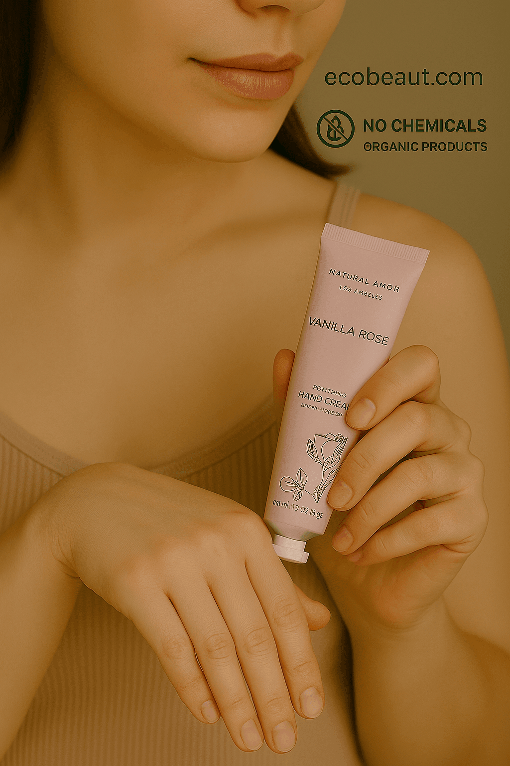 Woman applying Natural Amor Vanilla Rose Hand Cream to her hand from a pink tube, with ecobeaut.com, no chemicals, and organic products markings in the top right corner.